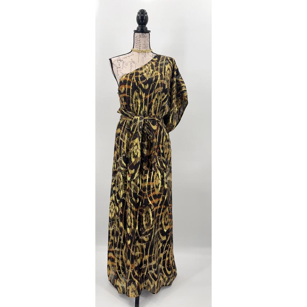 B60 Marie Oliver Farrow Caftan Maxi Dress Small One Shoulder Silk Metallic - Picture 6 of 11
